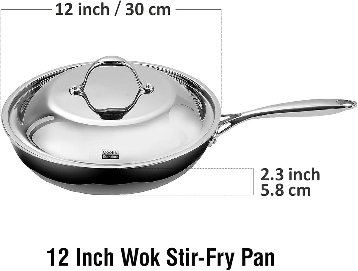 Cooks Standard Stainless Steel Frying Pan 12 Inch, Multi-Ply Full Clad Wok Stir-Fry Cooking Skillet Pans with Dome Lid, Stay-Cool Handle, Dishwasher Safe, Oven Safe 500°F, Silver