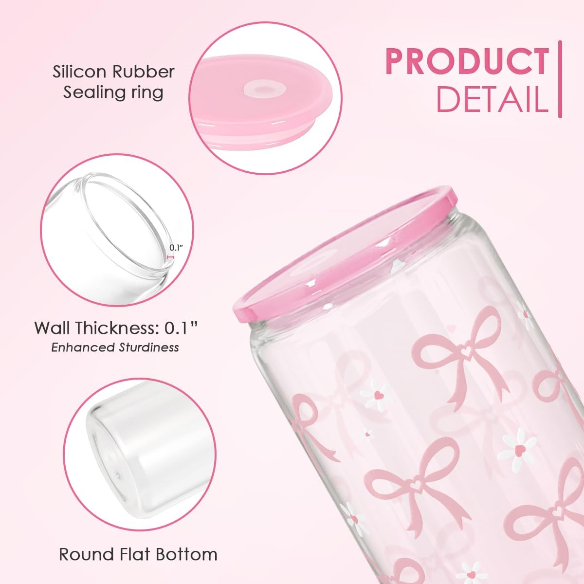 SANDJEST Bow Glass Can, Bows Cup with Lid & Straw, Iced Coffee Aesthetic Cups, Idea Gift for Christmas Birthday Mother Day, Gifts for Women, 16oz