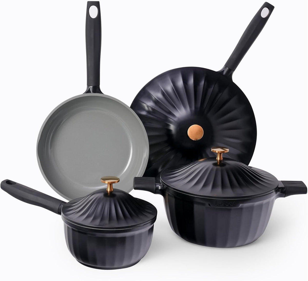 Nonstick Ceramic Cookware Set (7 Piece)–Titanium Cast Aluminum Pots and Pans Set with Lids, Non Toxic PFAS-Free Compatible with All Stovetops–Jet Black