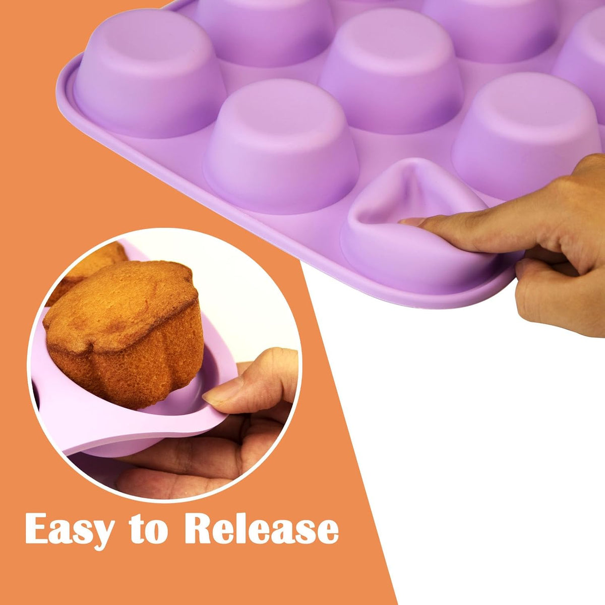 12 Cups Silicone Mini Muffin Pan Set, Nonstick Mini Cupcake Pans, BPA Free Small Muffin Tin for Baking, Set of 2 (Orange+Purple)
