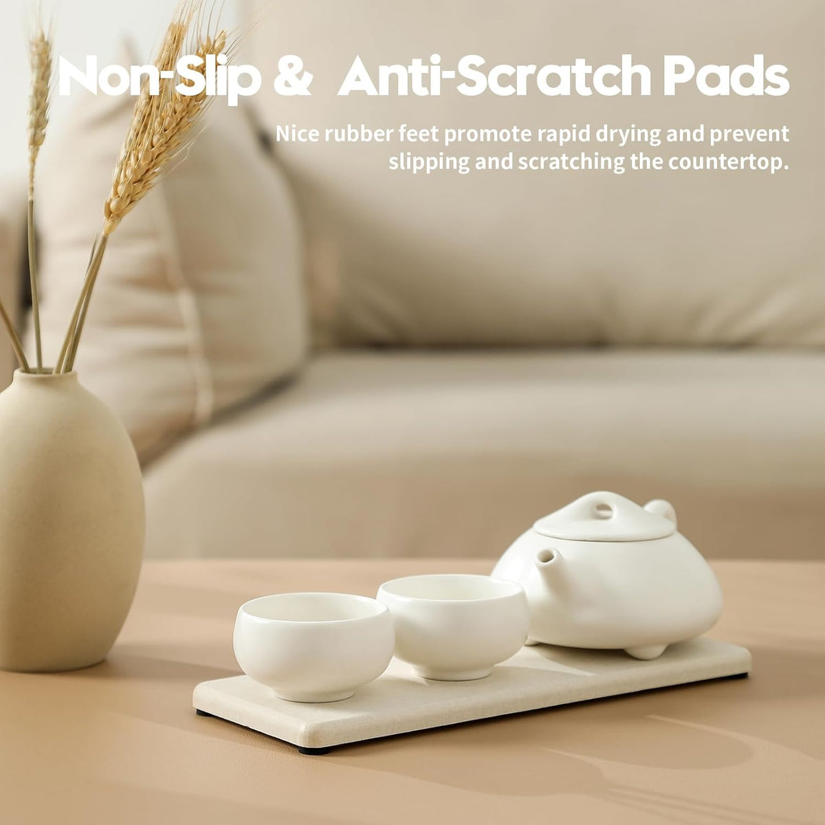 2PCS Bathroom Sink Vanity Trays, Water Absorbing Diatomite Stone Drying Soap Dish Dispenser for Kitchen Counter, Sponge Holder Mat Rack Faucet Splash Guard Caddy Organizer, Beige, 9"x3.5"
