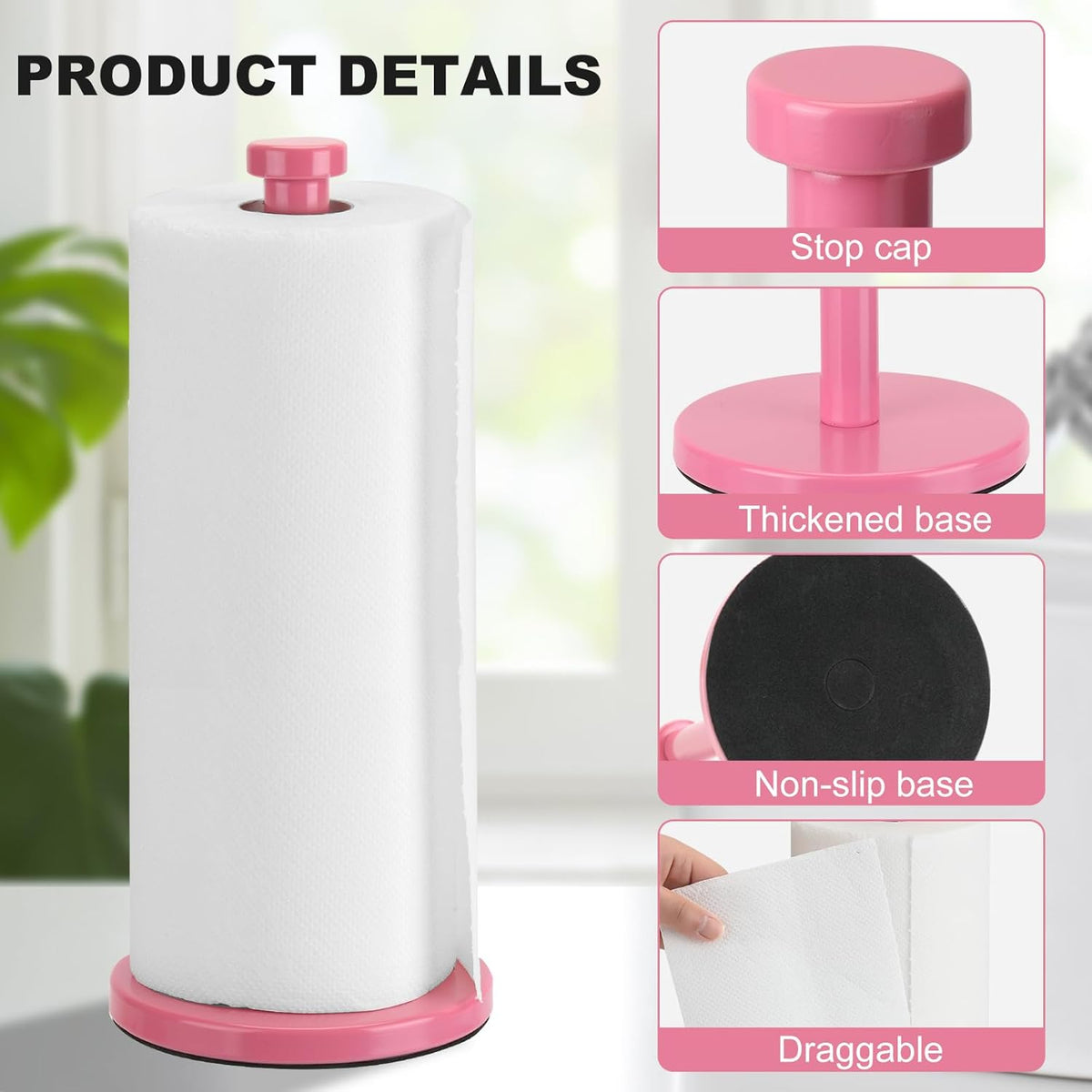 Stainless Steel Paper Towel Holder, Pink, Countertop for Kitchen & Bathroom, Standing with Weighted Base for Standard or Rolls, Brushed Brass