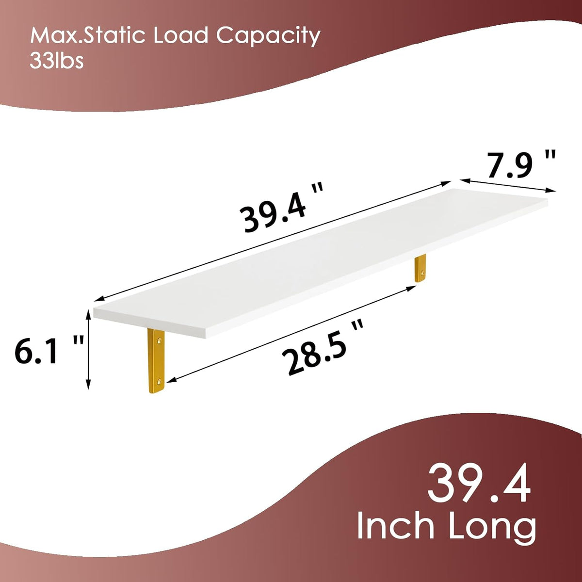 DINZI LVJ Long Wall Shelves, 39.4" Wall Mounted Shelves Set of 4, Large Floating Shelves for Wall with Metal Brackets, for Living Room, Bathroom, Bedroom, Kitchen, White and Gold