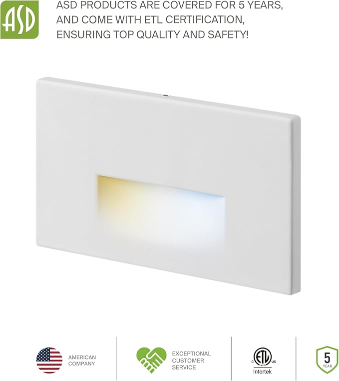 ASD LED Recessed Step Light Fixture, Outdoor & Indoor Stair Tread Lighting | 3CCT, Dimmable, Waterproof, ETL Listed | 3W 120LM 3000K-5000K 120V | Staircase Hardwired Illumination | White, 4 Pack