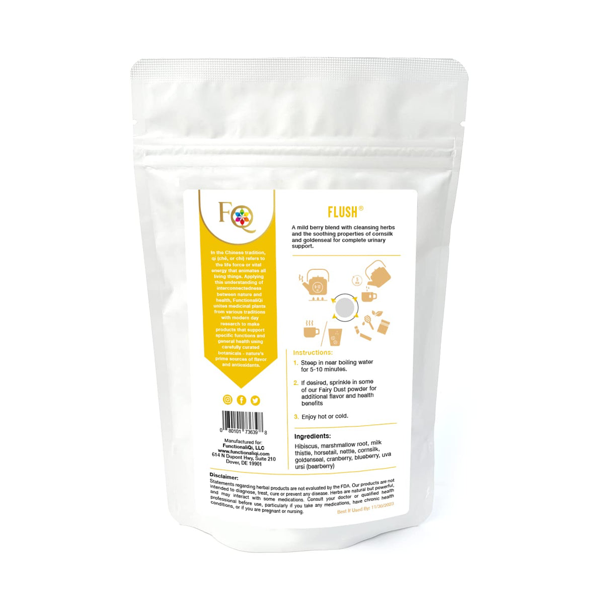 FunctionaliQi Flush Herbal Tea for Urinary Health - Marshmallow Root Milk Thistle Cornsilk and Goldenseal, Hibiscus Blend with Nettles, Cleansing Herbs and Cranberries (14 tea bags)
