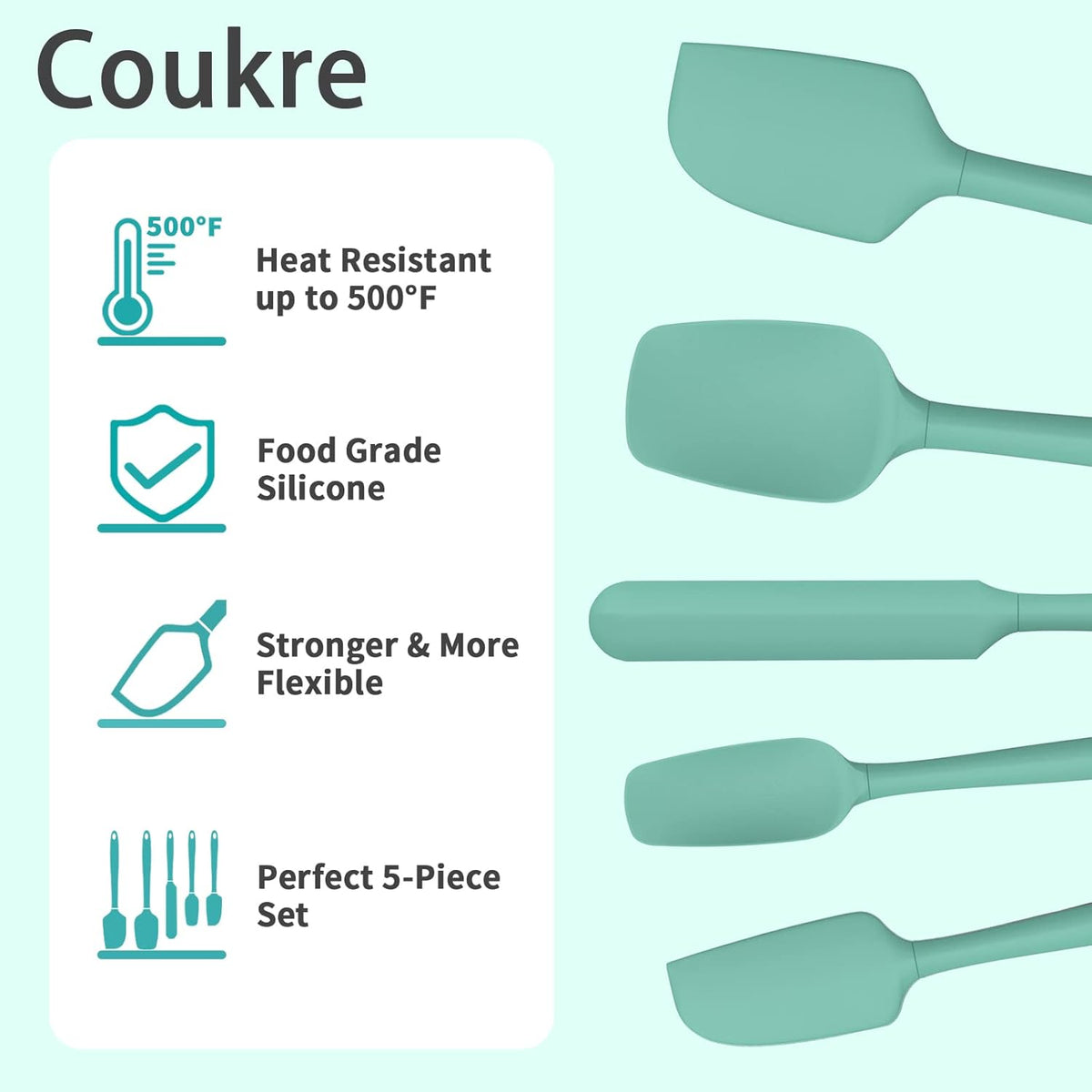 Coukre Silicone Spatula Set of 5,High Temperature Resistant, Food Grade Silicone, Dishwasher Safe, for Baking, Cooking (Pure Aqua Green)