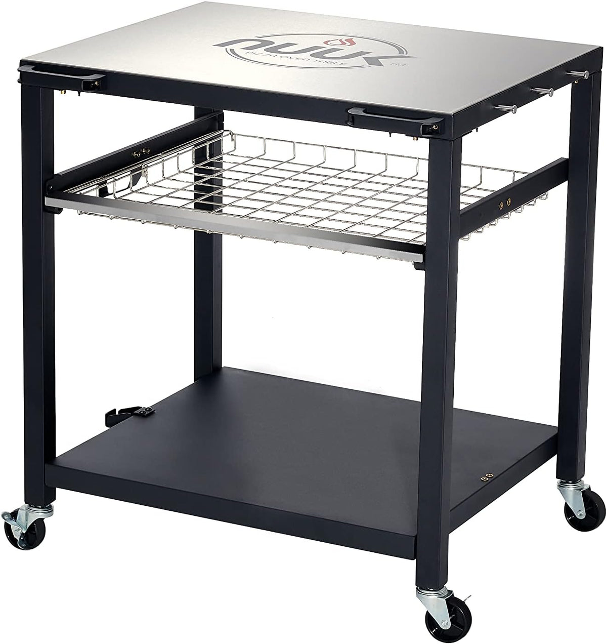 NUUK Double-Shelf Movable Outdoor Pizza Oven Table, 24" x 30" Stainless Steel Commercial Multifunctional Food Prep Worktable with Drawer on Wheels