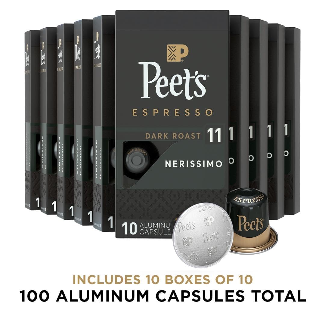 Peet's Coffee, Dark Roast Espresso Capsules, Compatible with Nespresso Original Machine - Nerissimo Intensity 11, 100 Count (10 Boxes of 10 Espresso Capsules)