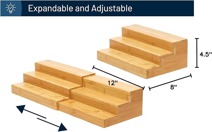 RoyalHouse Bamboo Expandable Spice Rack Organizer, 3-Tier Adjustable Kitchen Cabinet, Countertop Display Shelf, Space Organizer for Kitchen and Bathroom (Pack of 2)