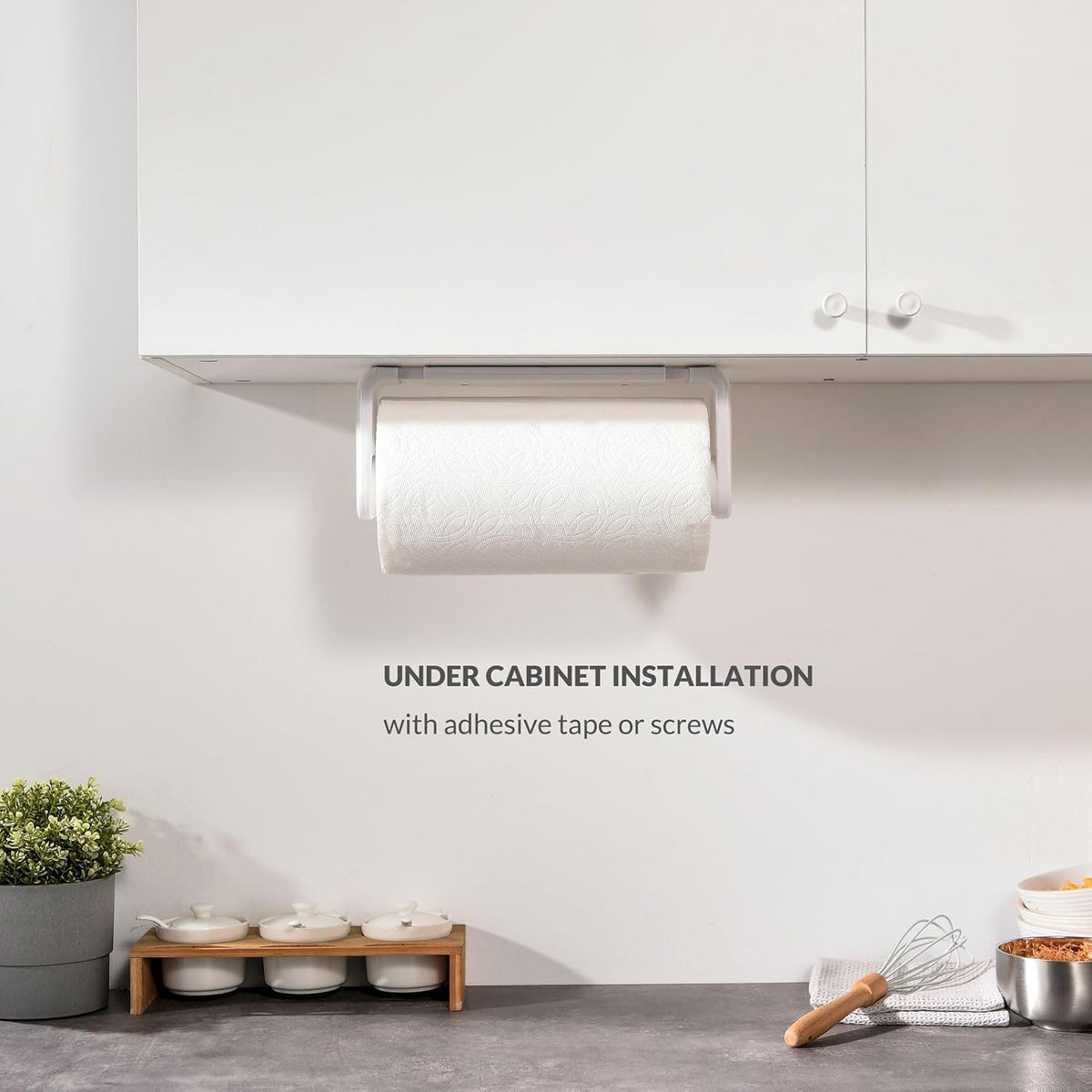 simpletome Paper Towel Holder Under Cabinet or Wall Mount ONE Hand Operation Tension Arm Kitchen Roll Holder (White, for 24-28cm/9.4-11inches roll)