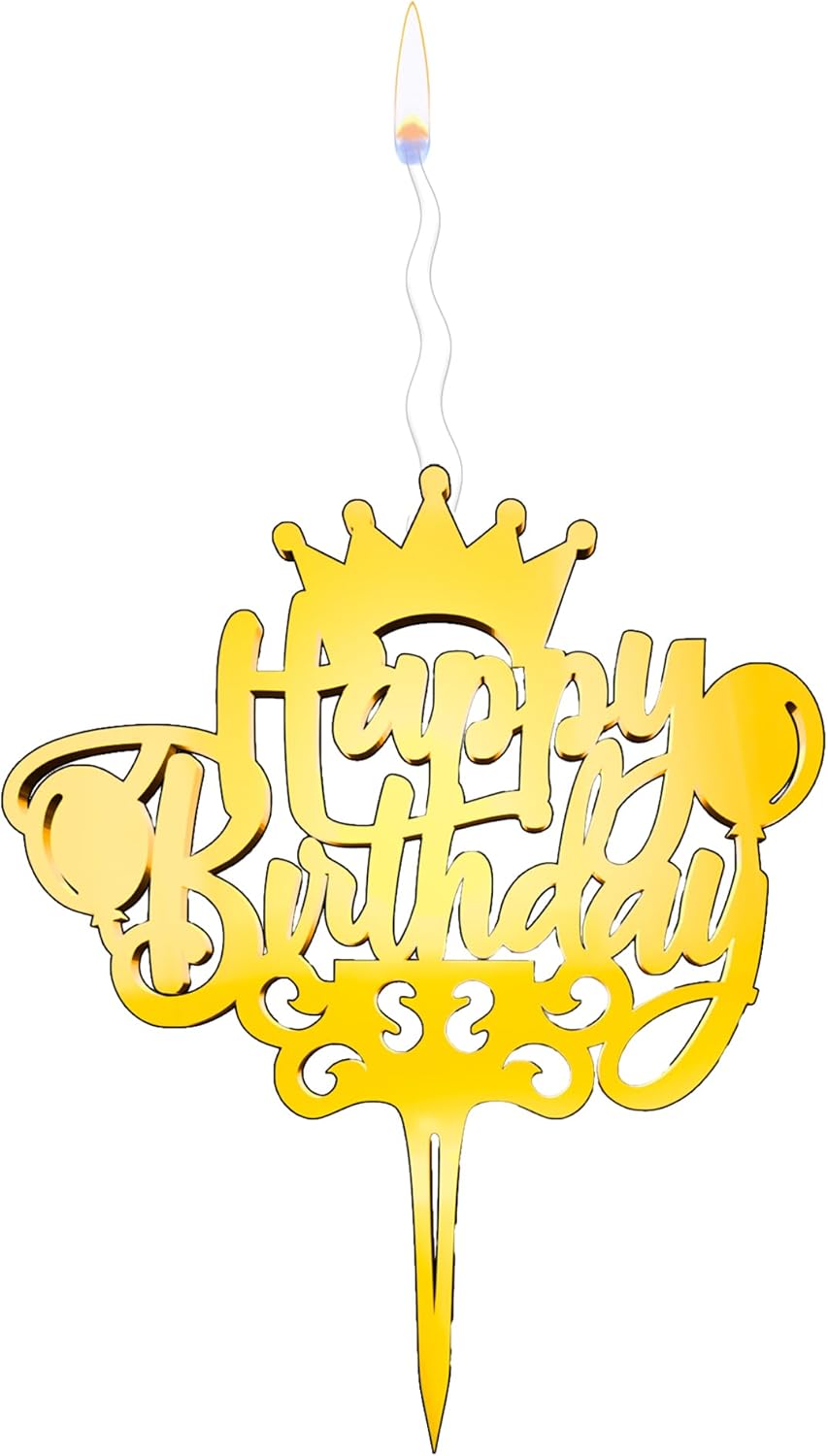 Happy Birthday Reusable Gold Cake Candle - Luxury Cake Topper Candle for Birthdays, Weddings & Anniversaries - Reusable Food Safe Acrylic, Shiny Mirror Finish - Happy Birthday Cake Topper Décor