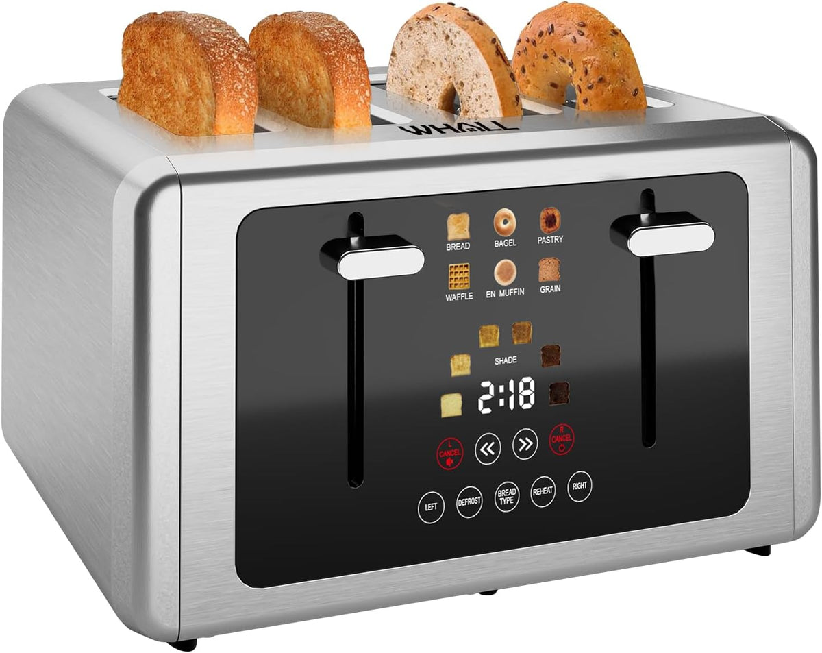 whall 4 Slice Touch Screen Toaster, Stainless Steel Toasters Digital Timer, Dual Control Panel Toasters，6 Shade Settings＆6 Bread Types, Smart Wide Slots, Bagel, Cancel, Defrost,Stainless Steel
