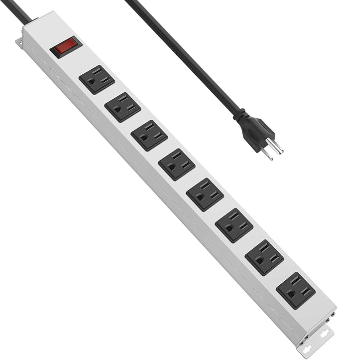 JUNNUJ Metal 8 Outlet Power Strip, Mountable Heavy Duty Power Strip, 1200J Surge Protector Wall Mount Screws Outlet with Switch, Gaming Desk Strips Wide Spaced 15A 125V 1875W, 10 FT 14AWG Power Cord