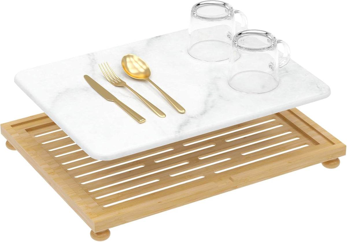 Golener Stone Drying Mat for Kitchen Counter, Dish Drying Pad with Bamboo Rack, Super Absorbent Diatomaceous Earth and Drying Rack, Multi-purpose Quick Drying Mat Rack for Kitchen,16”x12”,Marble White