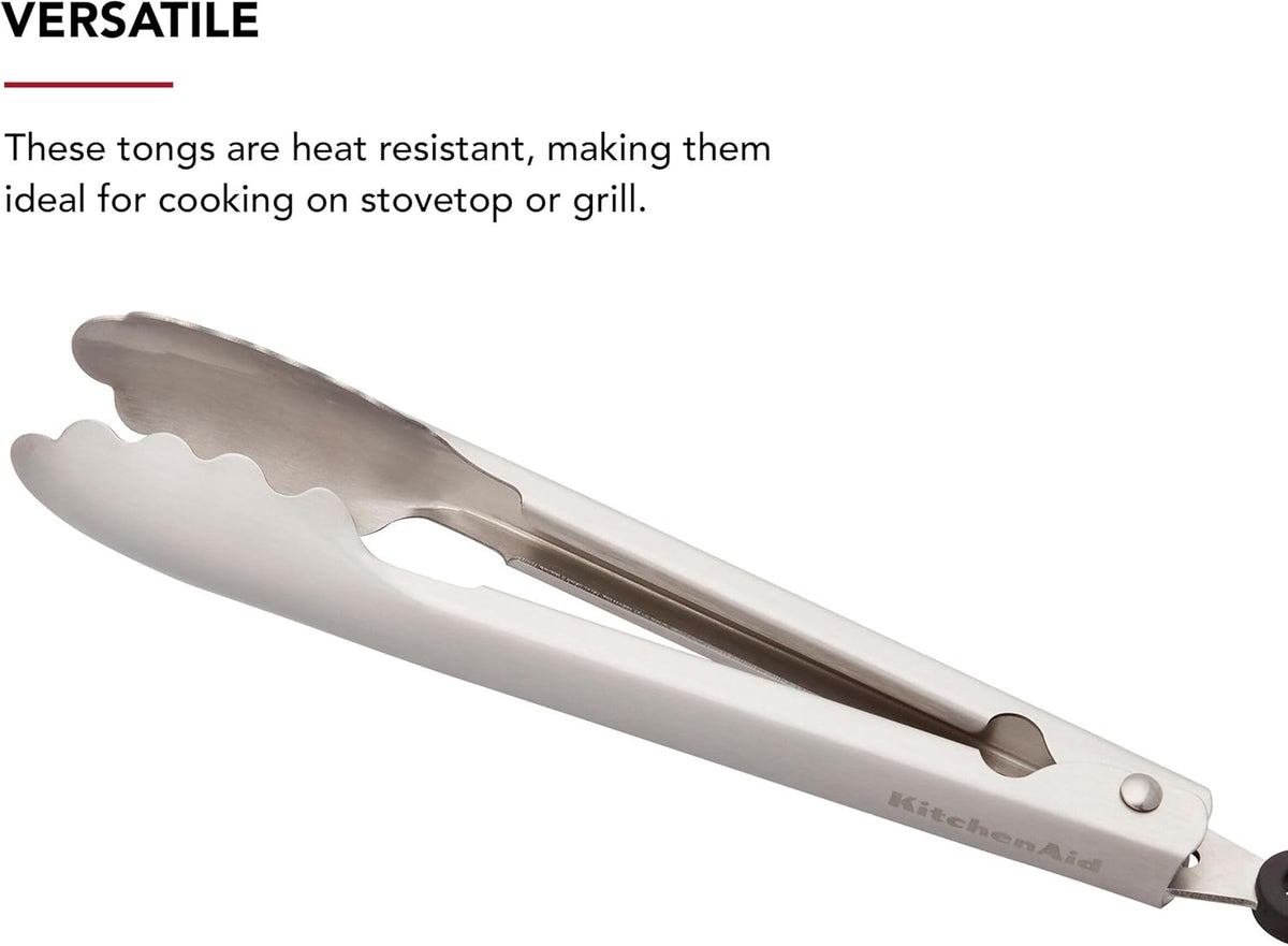 KitchenAid Set of 2 Stainless Steel Tongs with Scalloped Edges Easy Lock Dishwasher Safe Durable and Versatile 7 Inch and 9 Inch Silver