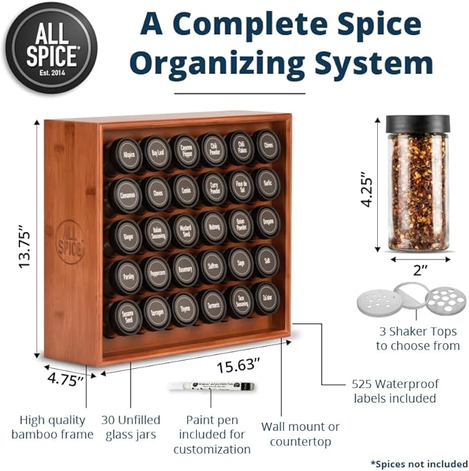 AllSpice Spice Rack Organizer, Wood, 525 Unique Labels, Countertop or Wall Mount, Includes 30 4oz Jars- Cherry Stain