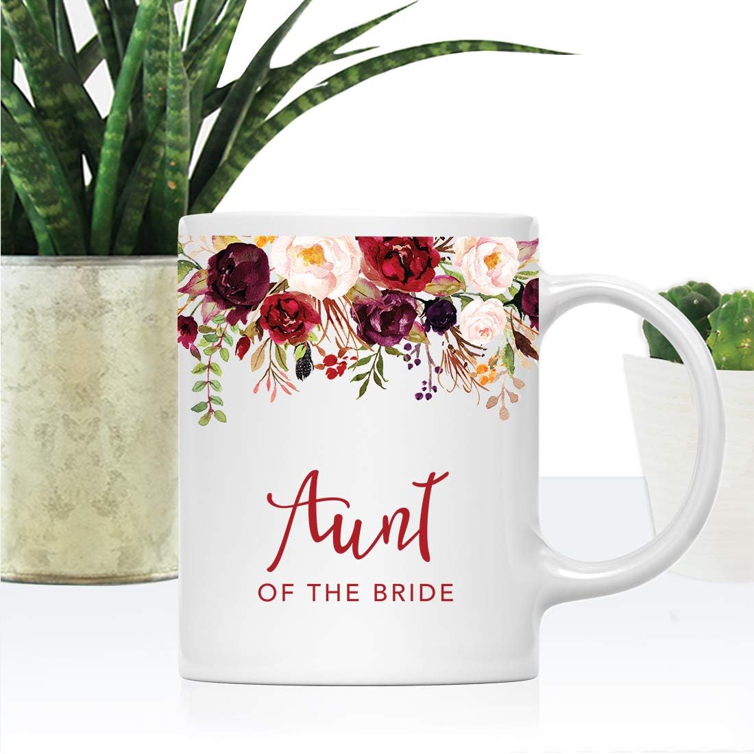 Andaz Press 11oz. Wedding Ceramic Coffee Tea Mug Gift, Fall Autumn Marsala Burgundy Flowers Roses Florals, Aunt of the Bride, 1-Pack, Includes Gift Box