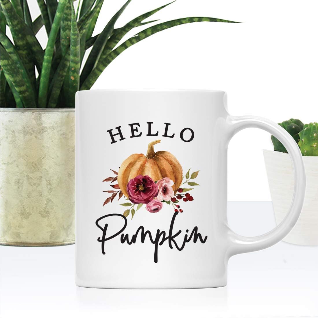 Andaz Press Fall Burgundy Marsala 11oz. Ceramic Coffee Tea Mug, Hello Pumpkin, 1-Pack, Pumpkin Floral Graphic, Birthday, Friend, Family, Coworker, Autumn Season, Festive Holiday Ideas
