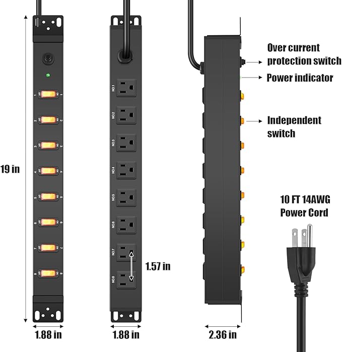 HHSOET 1U Rack Mount Surge Protection, 8 Outlet PDU Power Strip, Metal Mountable Outlet Strip with Switch, 10ft Power Cord.