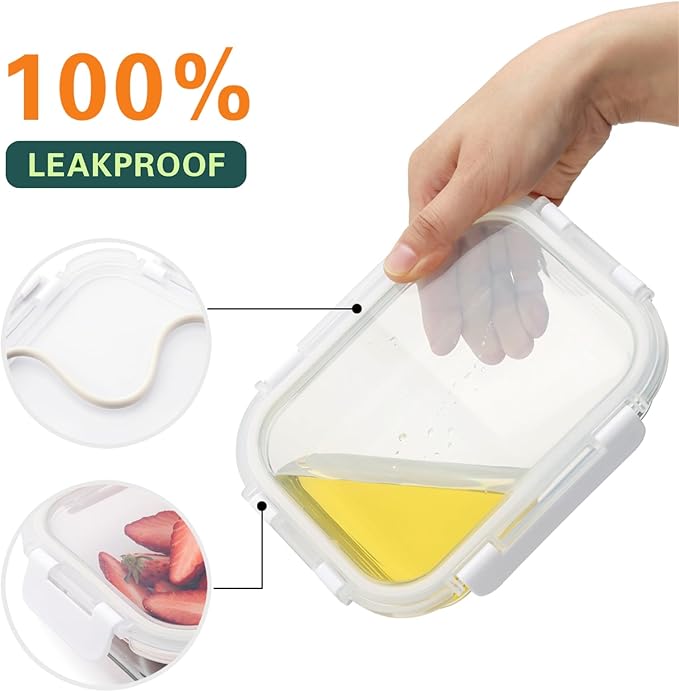 10 Pack 22 Oz Glass Meal Prep Containers with Lids, Reusable Glass Food Storage Containers with Lids, Leak Proof, Microwave, Oven, Freezer and Dishwasher Safe (White)