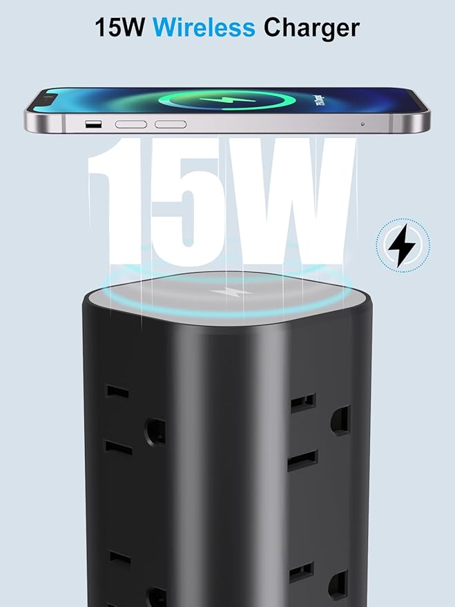Power Strip Tower with Wireless Charger, Flat Plug Surge Protector Tower with 15FT Extension Cord, 12 AC Multiple Outlets, 4 USB (2 USB C),15W Wireless Charging Power Tower for Home Office Dorm, Black