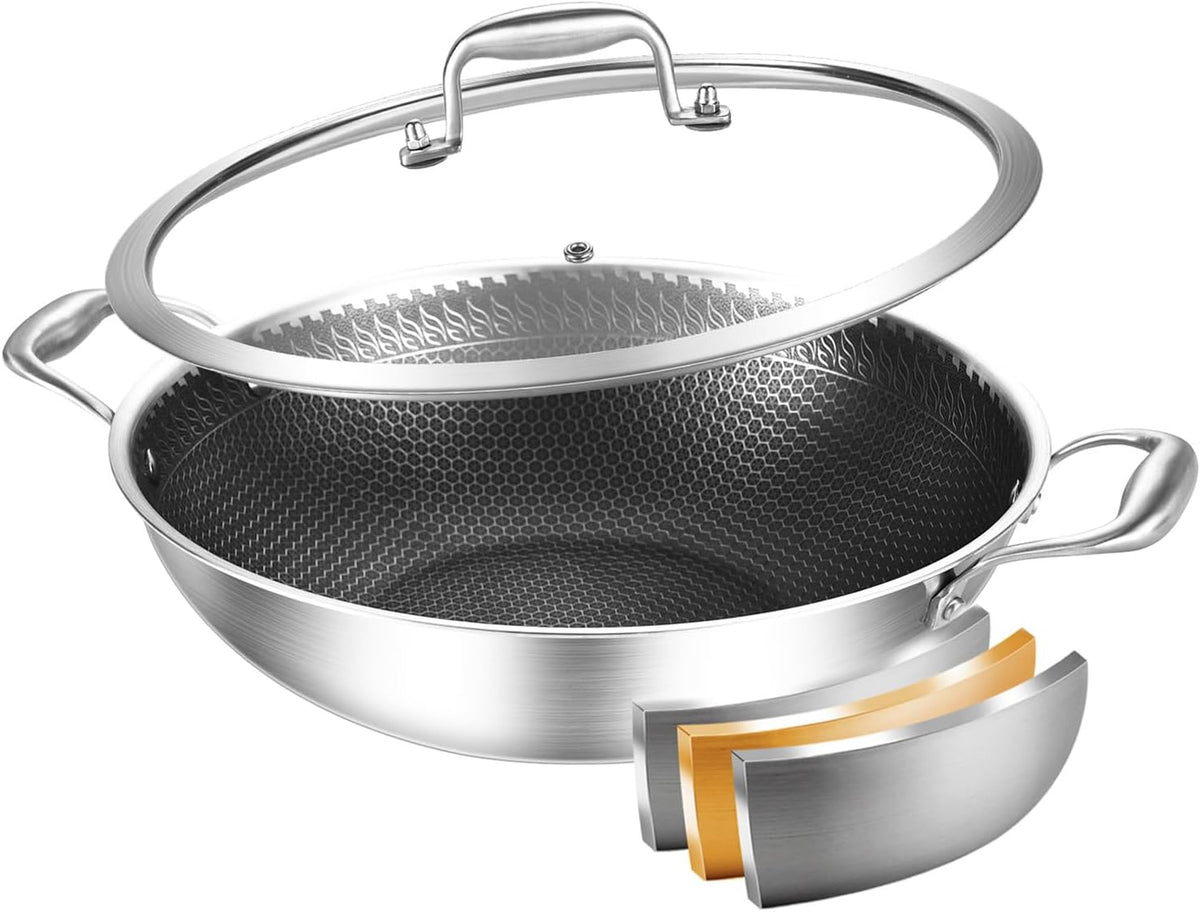 DELARLO Wok Pan With Lid 12 Inch Non stick wok,Oven Safe Up to 600℉,Woks & Stir-Fry Pans Nonstick,Tri-Ply Stainless Steel Wok, 5QT Nonstick Deep Frying Pan, Induction Saute Pan With Lid