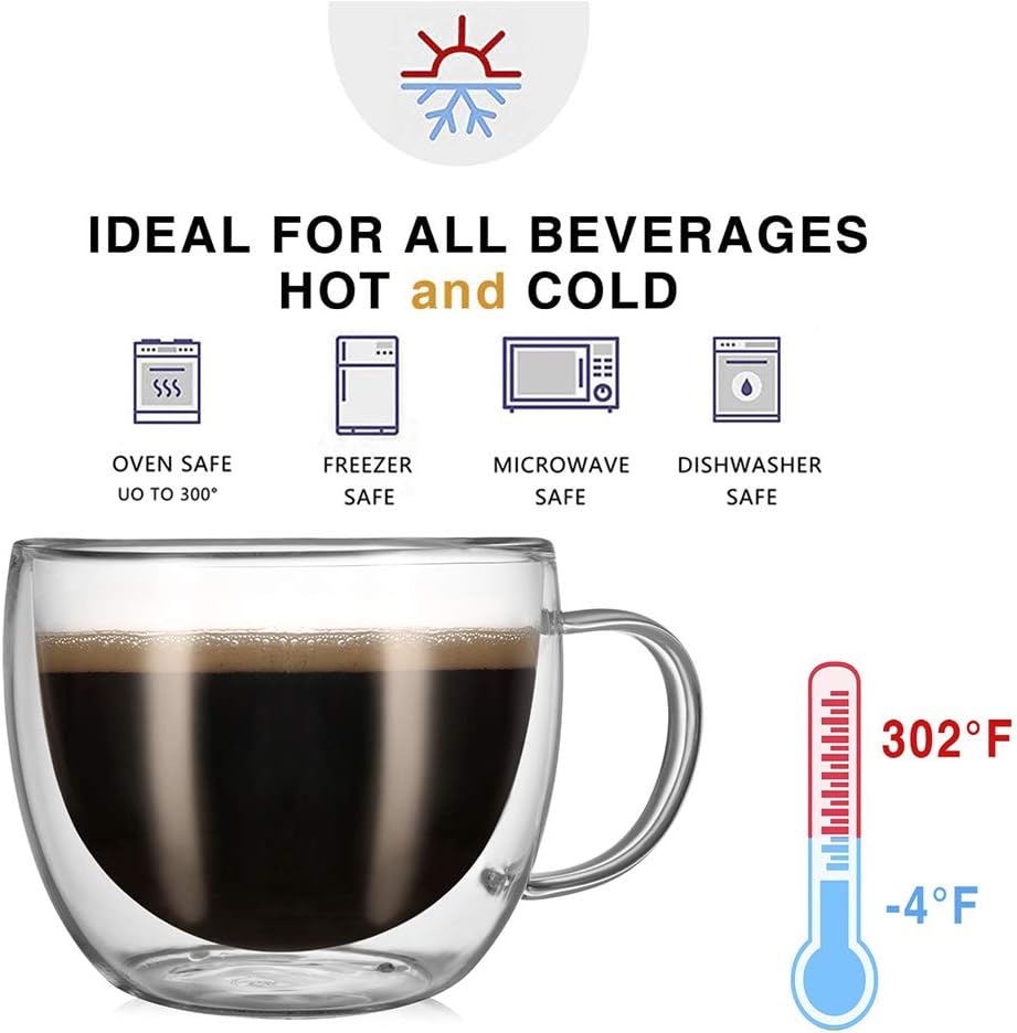 CNGLASS 8oz Double Wall Glass Coffee Mugs,Clear Insulated Espresso Glass Mugs with Handle for Latte,Cappuccino,Coffee,Set of 4