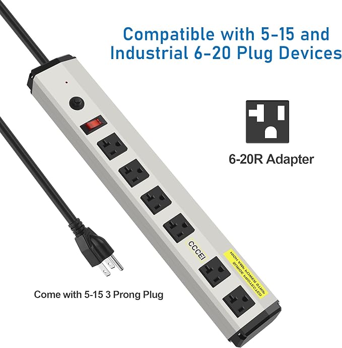 CCCEI Heavy Duty Power Strip Surge Protector 20 Amp, High Amp Industrial Shop Garage Metal Multiple Outlets, 4 FT 12 Gauge 5-15P Extension Cord 6 Outlet 6-20R T-Slot 20a for Appliance.