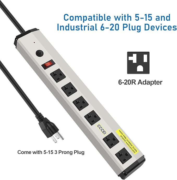 CCCEI Heavy Duty Power Strip Surge Protector 20 Amp, High Amp Industrial Shop Garage Metal Multiple Outlets, 6 FT 12 Gauge 5-15P Extension Cord 6 Outlet 6-20R T-Slot 20a for Appliance.