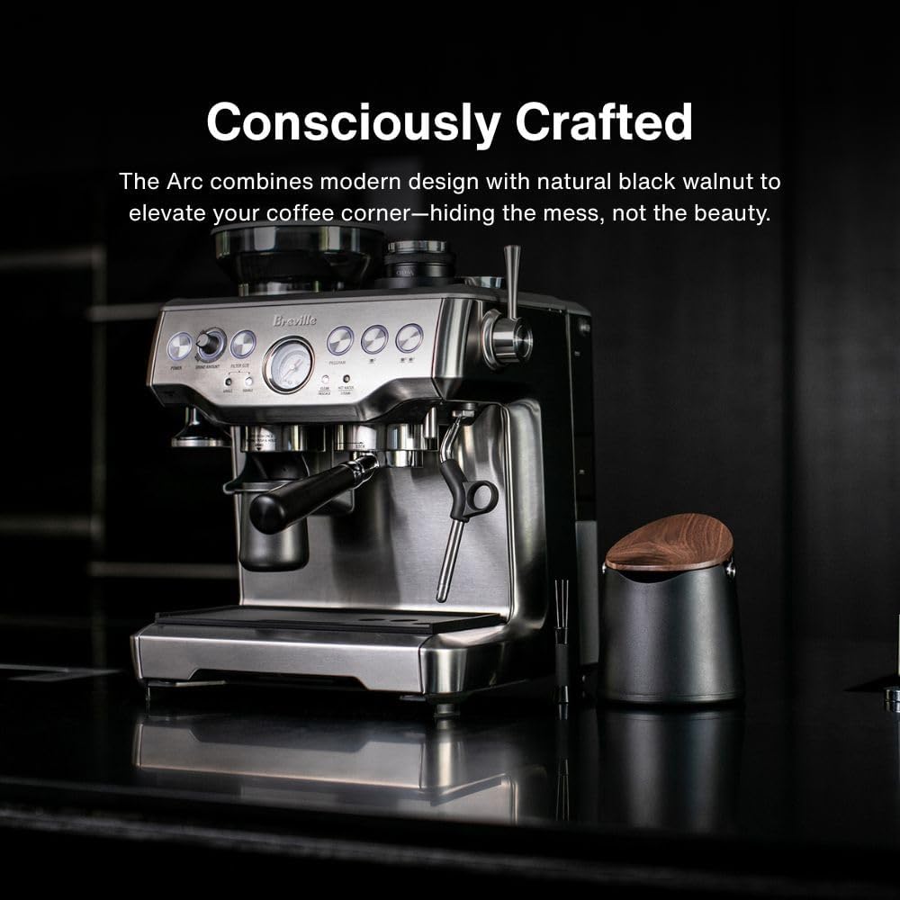 Crema Coffee Products Arc Knock Box | Holds 12–16 EspressoPucks|Durable,Stain-ResistantBuild withNon-Slip Base|Elegant WalnutPlastic Lid Design| EasyClean-Up &Moisture Control|BlackPlasticLid Finish