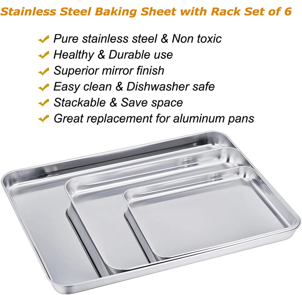 TeamFar Baking Sheet with Cooling Rack Set (3 Pans + 3 Racks), Stainless Steel Cookie Sheet Cooking/Baking, Healthy & Dishwasher Safe, Sturdy & Long Lasting