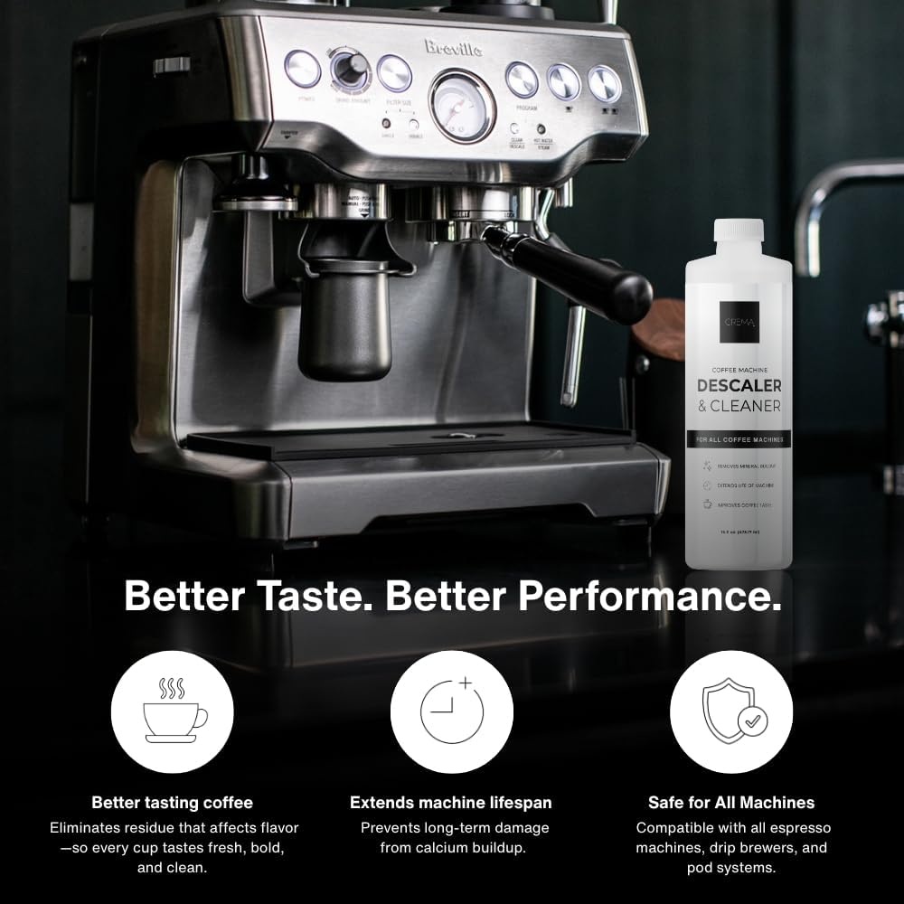 CREMA Coffee Products – Coffee Machine Descaler & Cleaner – Compatible with All Machines – 16 fl oz (4 Uses)