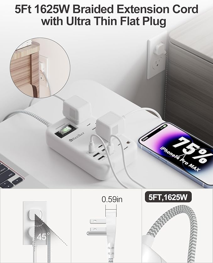 6 USB(2 USB C) Surge Protector Power Strip- 5Ft Travel Power Strip with 4.8A USB Charging Station and 4 Extendable Outlet, 13A Flat Plug Braided Extension Cord with Wall Mount for Travel Office Dorm
