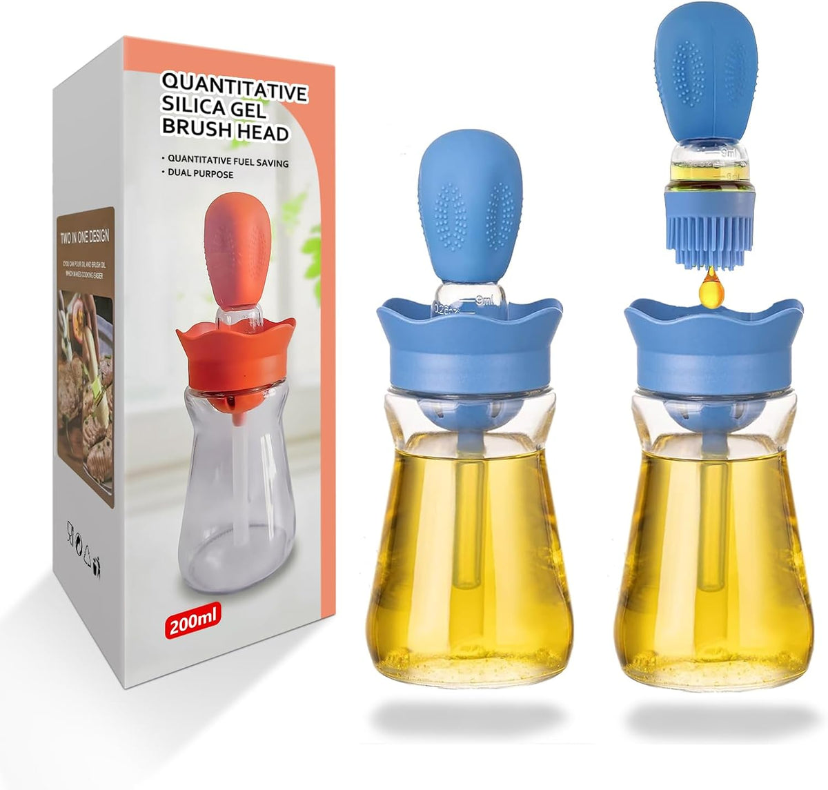 Oil Dispenser with Brush-2Pack 7oz/200ML 2 IN 1 Glass Cooking Oil Dispenser Bottle with Silicone Basting Brush for Kitchen, Oil Storage and Container for Cooking BBQ, Vinegar, Sauce, Air Fryer- Blue