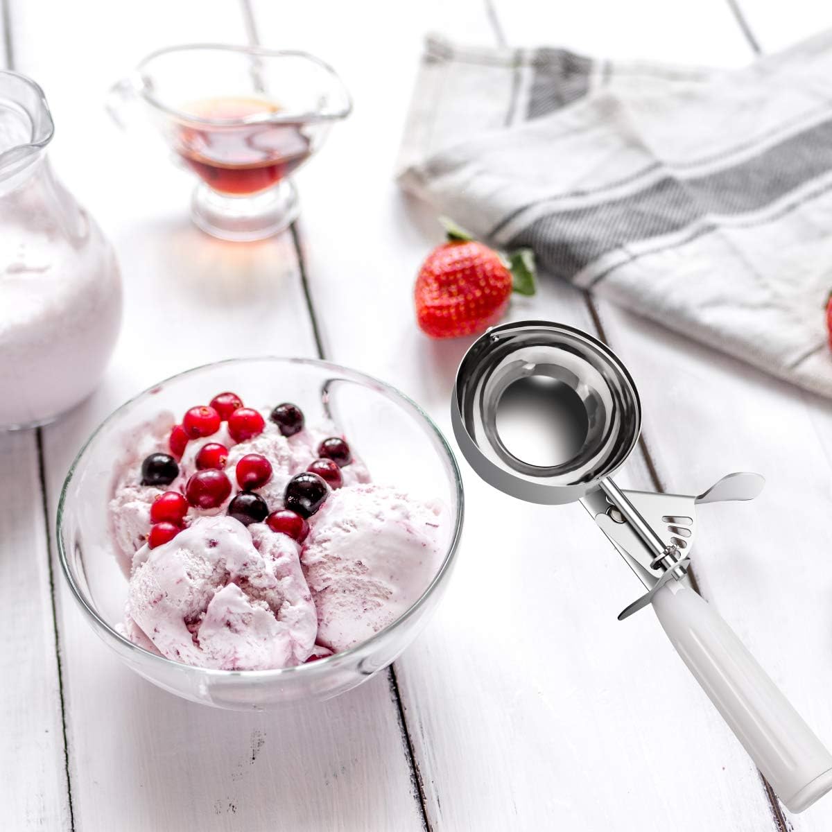 Commercial-Grade Ice Cream Scooper 5.33 oz, 18/8 Stainless Steel Cookie Scoop with Plastic Handle, Portion Control Disher Scoop for Bakeries,Restaurants & Dessert Shops, #6, White