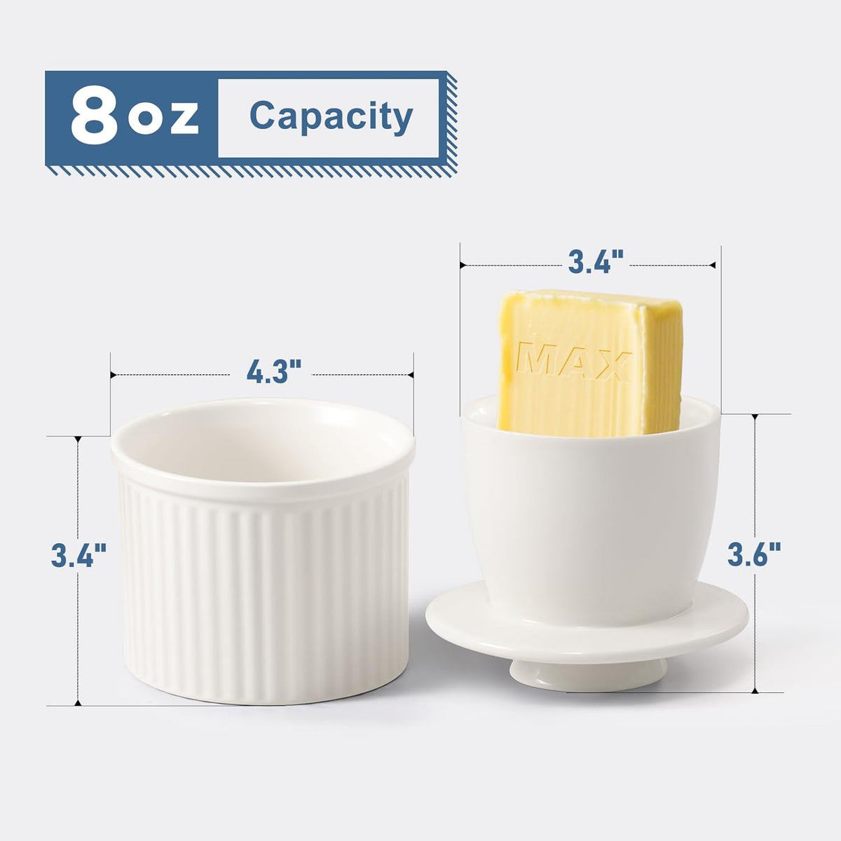 Large Butter Crock Bell for Counter with Water Line, Butter Keeper, Ceramic French Butter Dish Holder for Fresh Spreadable Soft Butter (White, 8 Ounce)