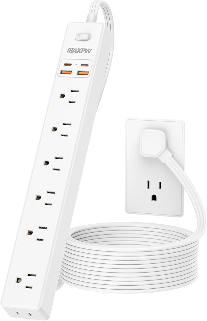 15 Ft Power Strip Surge Protector - 7 Outlets 4 USB Ports (2 USB C), Ultra Thin Flat Extension Cord & Flat Plug, 1700 Joules, Wall Mount, Desk Charging Station for Home Office Dorm, White