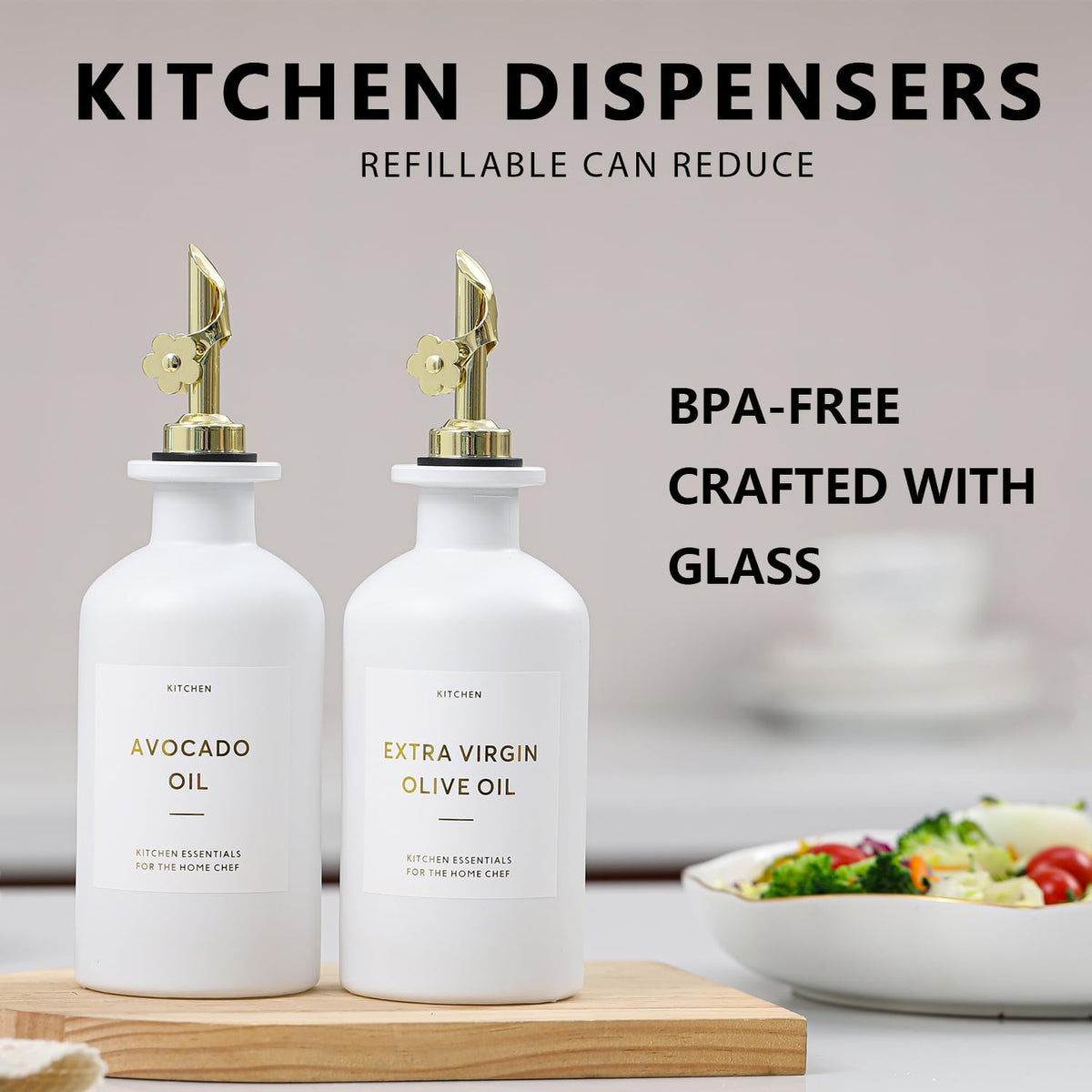 HOMCDALY Olive Oil Dispenser for Kitchen, 11.8oz Glass kitchen Dispenser Bottle, Gold Oil&Vinegar Cruet Set, Leakproof Oil Containers for Cooking| Set of 2 (11.8oz – Gold)