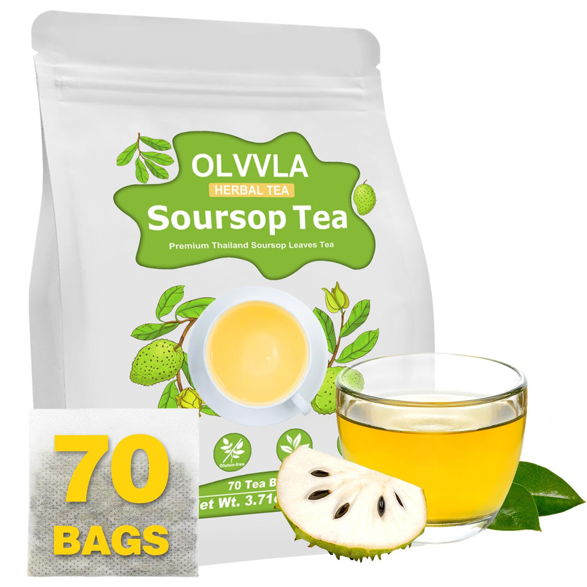 Olvvla - Premium Soursop Tea Bags - 1.5g X 70 Count - Pure Natural Soursop Leaves Tea - Caffeine-free - Non-GMO - Sourced from Thailand - Support Digestion & Help Skin Health