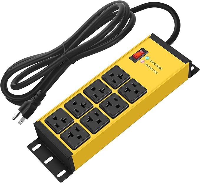 CCCEI Magnetic Heavy Duty Power Strip Surge Protector 20Amp, 12 Gauge High Amp Extension Outlets, Garage Wall Mount 8 Plug Metal Power Strip. 10FT, Yellow, 5-15P Adapter 6-20R T-Slot 20a for Appliance