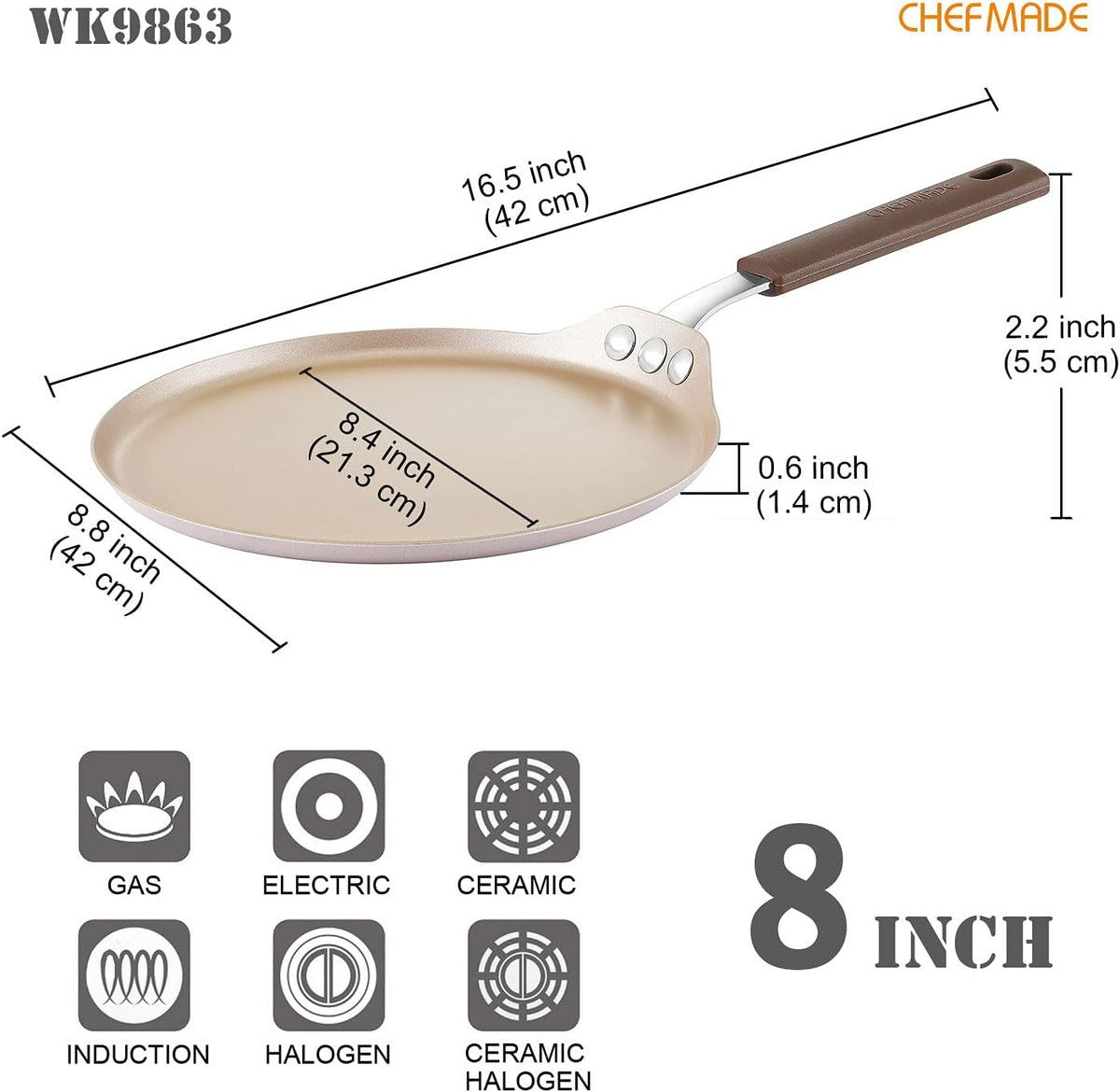 CHEFMADE Crepe Pan with Bamboo Spreader, 8-Inch Non-Stick Pancake Pan with Insulating Silicone Handle for Gas, Induction, Electric Cooker (Champagne Gold)