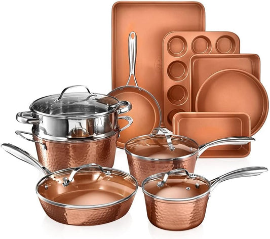 Gotham Steel Hammered 15 Pc Ceramic Cookware Set Nonstick, Deep Copper Pots and Pans Set Non Stick with Bakeware & Deep Fry Pan, Non Toxic PFOA PFOS Free, Induction Oven and Dishwasher Safe