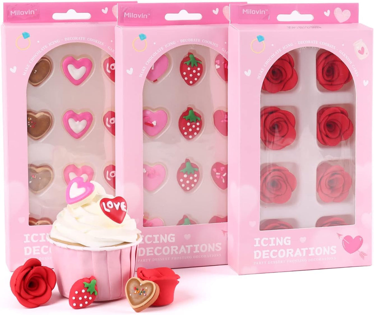 Edible Valentine Icing Decoration, Red Rose Icing Decoration, Royal Icing Heart Sprinkle, Strawberries Sugars Sprinkles for Cupcake Topper, Cake, Ice Cream, Macaron, Cookies and Chocolate.