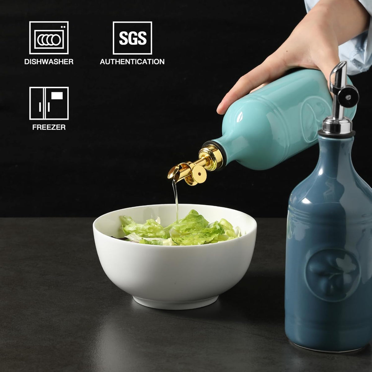 Sweejar 16 Oz Ceramic Olive Oil Dispenser Bottle, Oil Dispenser for Kitchen with Gravity Spout, Relief Opaque Vinegar Container for Evoo, Soy Sauce, 1 Pack(Fog Blue, Silver Spout)