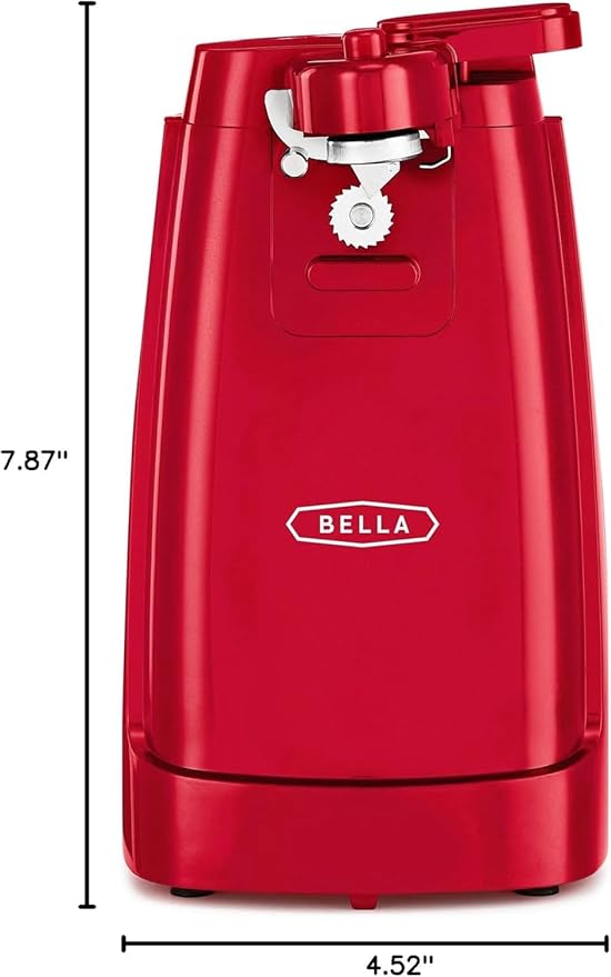 BELLA Electric Can Opener and Knife Sharpener, Multifunctional Jar and Bottle Opener with Removable Cutting Lever and Cord Storage, Stainless Steel Blade, Red