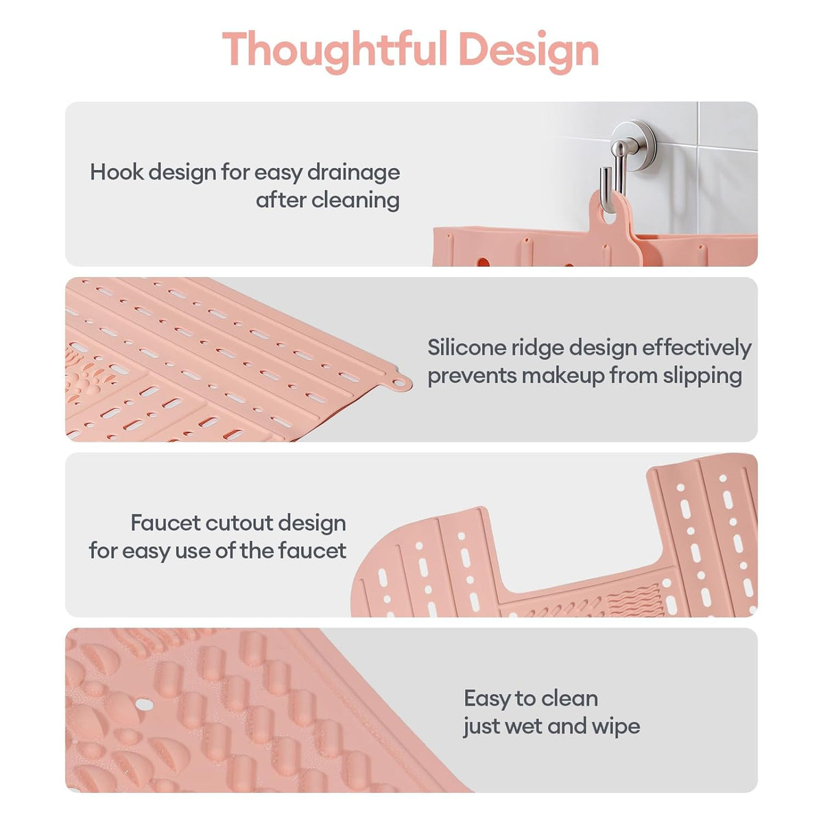 IeBilif Sink Cover for Counter Space, Foldable Bathroom Sink Covers with Hanging Loop, Makeup Organizer Mat Space Saver, Silicone Makeup Brush Cleaner Mat for Bathroom(Pink)