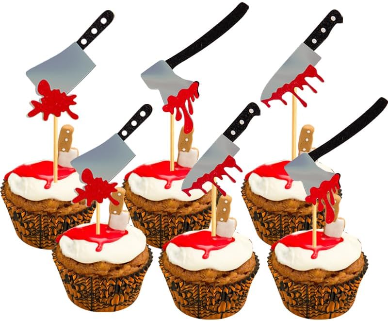 60Pcs Halloween Cupcake Toppers,Glitter Horror Blood Knife Cupcake Picks Have a Killer Birthday Party Supplies