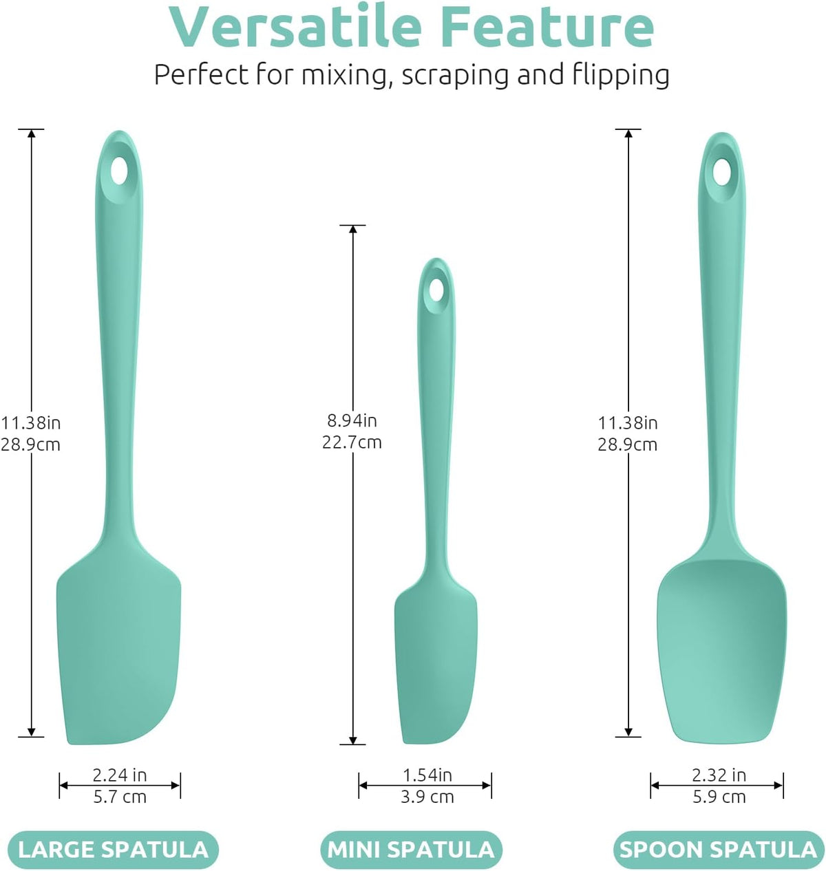 U-Taste Silicone Spatula Set, 600ºF High Heat Resistant, Seamless Food Grade Flexible Rubber Kitchen Cooking Mixing Baking Scraper for Nonstick Cookware Set of 3 (Aqua Sky)