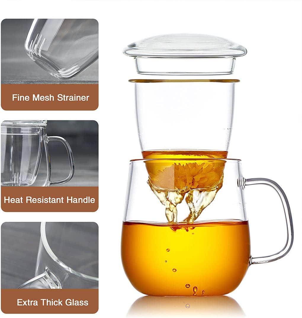 Glass Tea Cup with Infuser and Lid, 17.6oz/520ml Large Borosilicate Teacup,Tea Glass, Clear Mug for Loose Leaf Tea, Blooming Tea, Microwave & Dishwasher Safe - Tea Maker Gift for Birthday