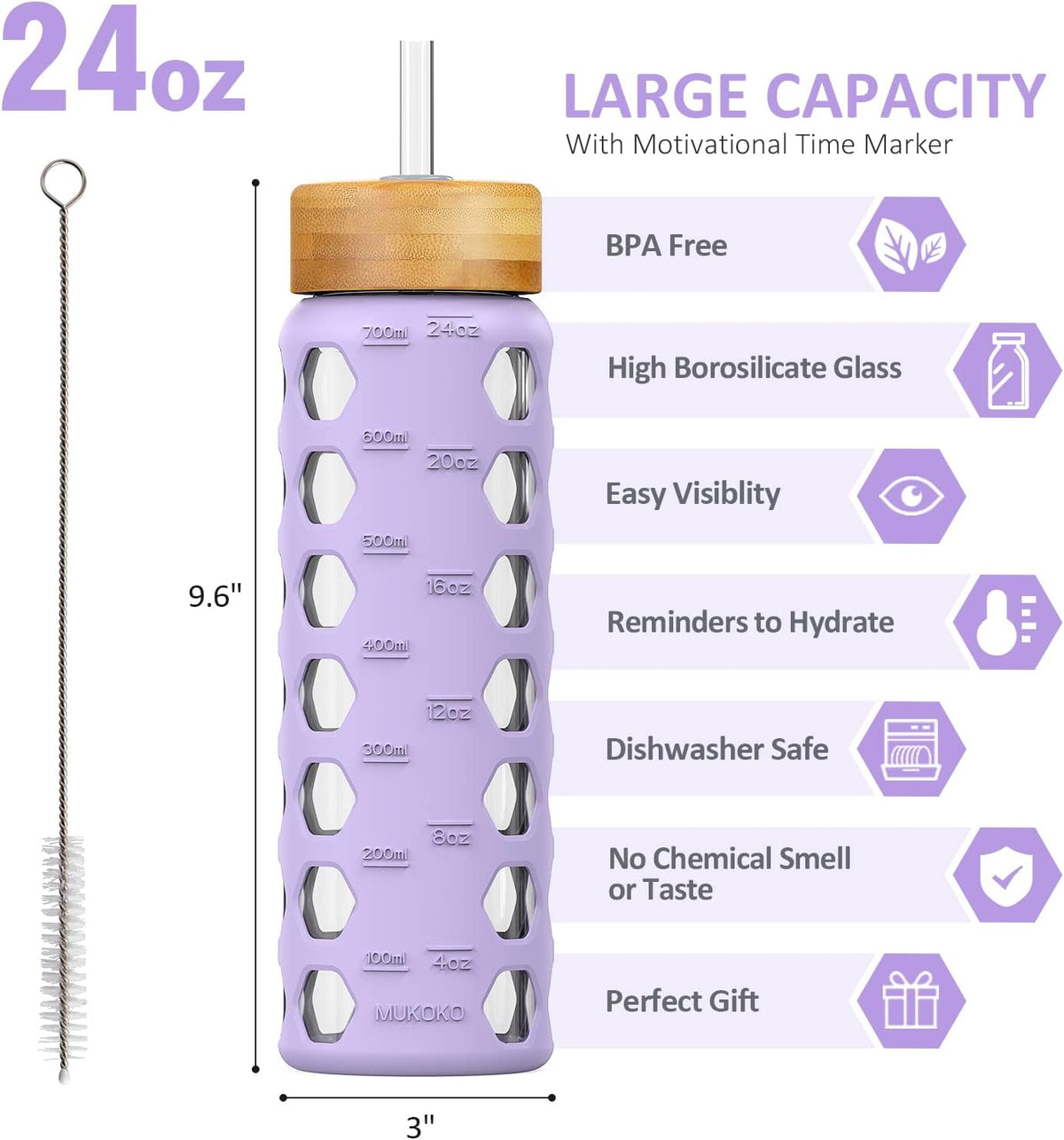 MUKOKO 24oz Glass Water Bottle with 2 Lids-Handle Flip Lid&Bamboo Straw Lid,Motivational Water Tumbler with Time Marker Reminder and Silicone Sleeve, Leakproof-Purple